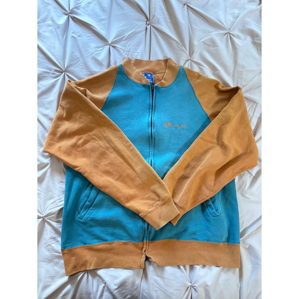 Vintage 70s Champion Color Block Zip Sweatshirt Made in USA Blue Orange XL